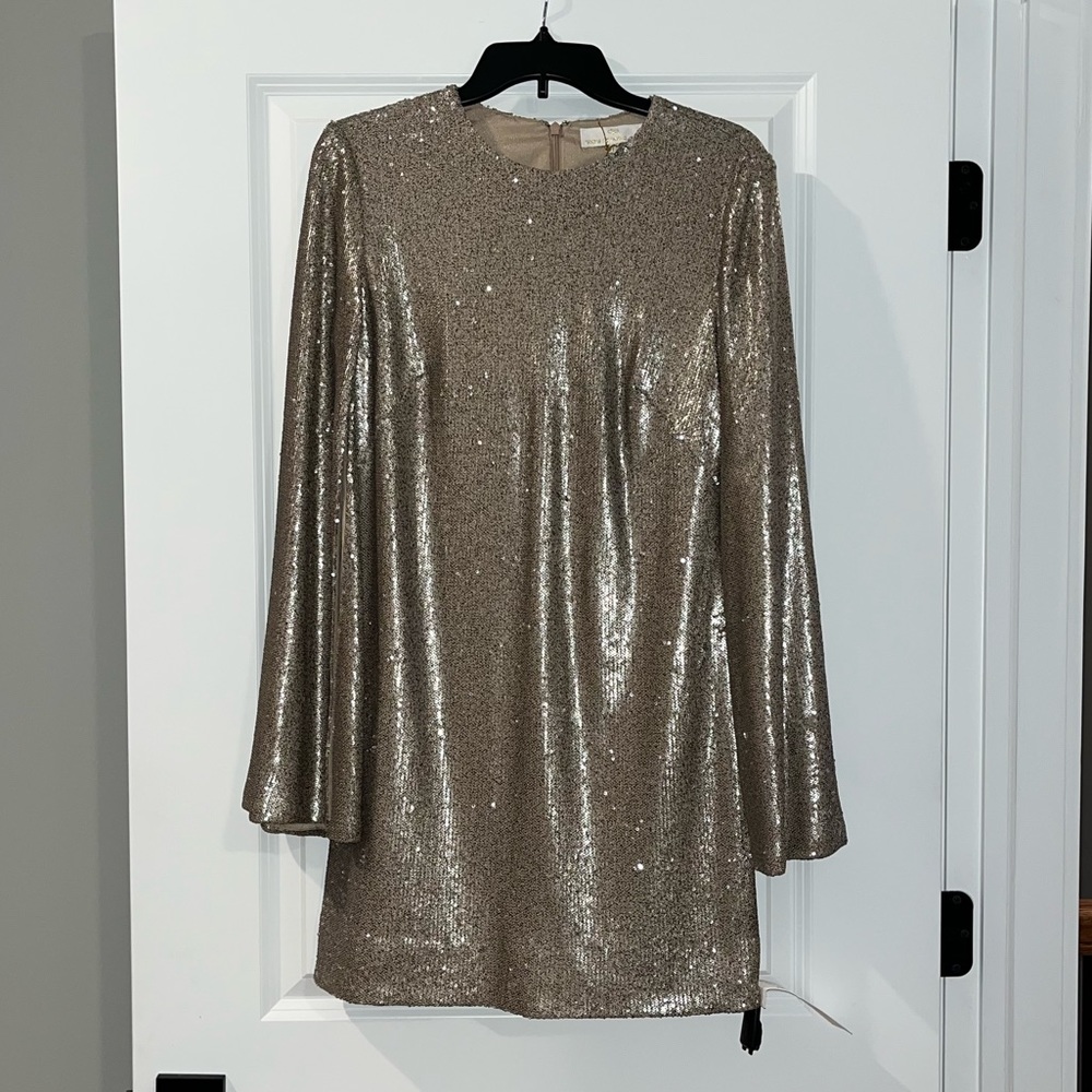 Gold sequin shift dress with bell sleeves
